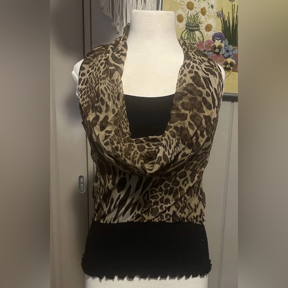 VTG Cache Women’s Cheetah 100% Silk Cowl Neck Sleeveless Lined Smocked Top XS